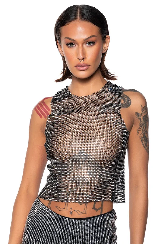 women's tops for those who want to add a pop of color to their outfitsZELDA RHINESTONE MESH SLEEVELESS TOP IN BLACK