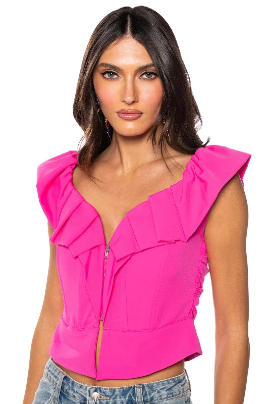 women's tops for those who appreciate subtle and muted tonesORCHID RUFFLE SLEEVE CORSET TOP IN PINK