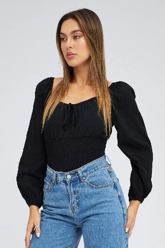 women's tops with ruffled hemsBlack Bodysuit Long Sleeve Sweetheart Neck