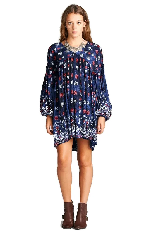 Velvet DressBaby Doll Bohemian Peasant Mini Dress, Blue