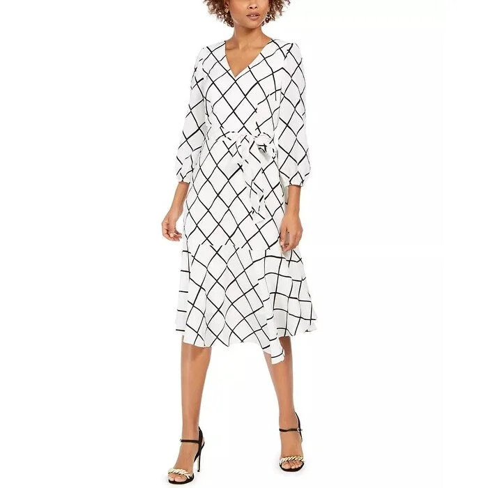 women's bodycon dressesJessica Howard Women's Plaid Flounce-Hem Midi Dress White Size 16