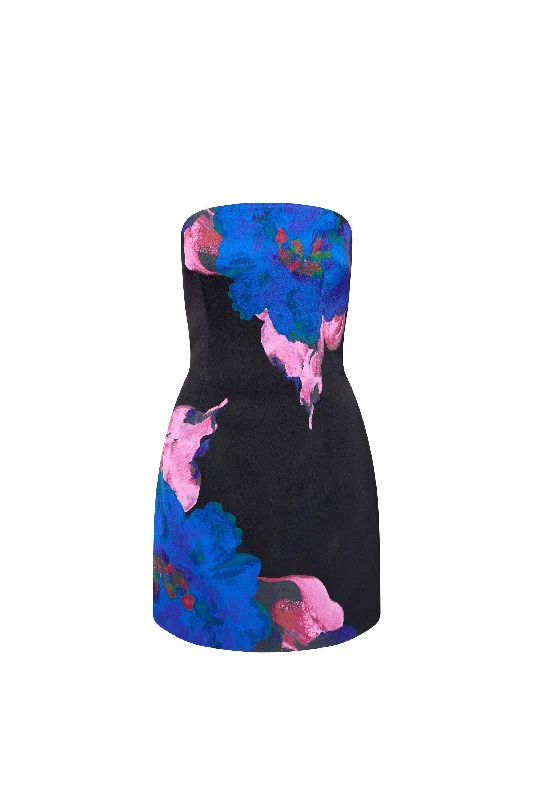 women's denim dressesAcid Bloom Strapless Mini Dress