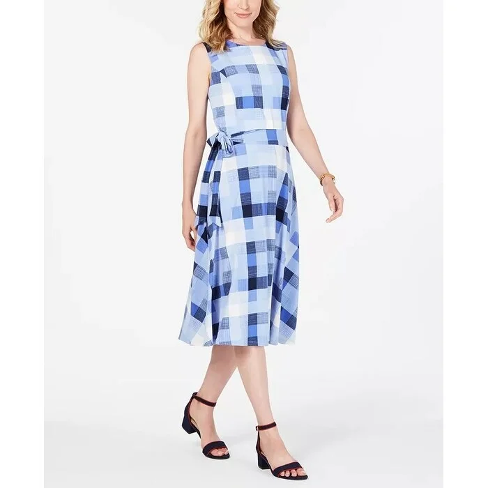 women's tall dressesCharter Club Women's Plaid Midi Dress Turq/Aqua Size Large