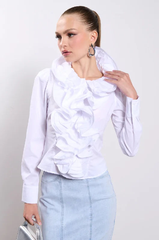 women's tops for layeringCALISTA STATEMENT RUFFLE COLLAR BUTTON DOWN BLOUSE