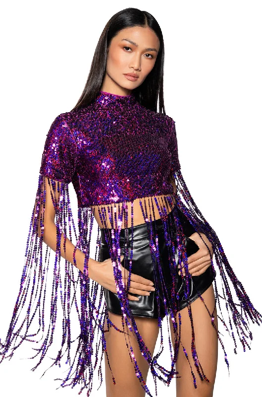 spaghetti strap women's topsTHE SPOTLIGHT SEQUIN FRINGE MOCK NECK TOP