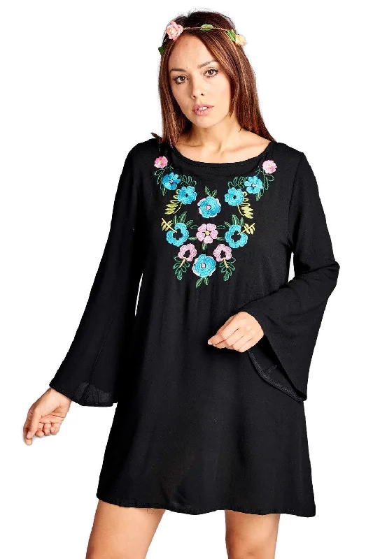 Mermaid DressFloral Embroidered Mini Dress, Black