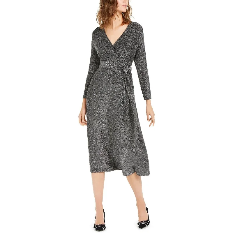 women's affordable dressesAlfani Women's Belted Metallic Wrap Midi Dress Gray Size Small