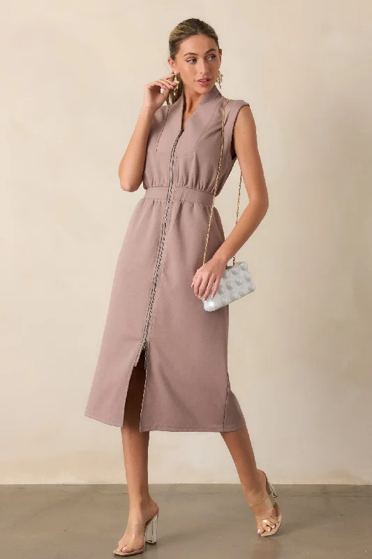 women's short-sleeved dressesDistant Sun Dark Taupe Sleeveless Midi Dress