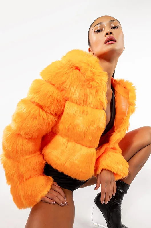 women's coats with sequin embellishmentsBAPE ORANGE FAUX FUR JACKET