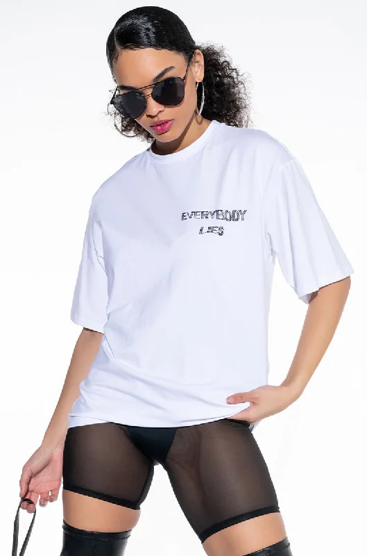 women's tops with spaghetti straps and deep V-necksEVERYBODY LIES CREW NECK GRAPHIC TEE