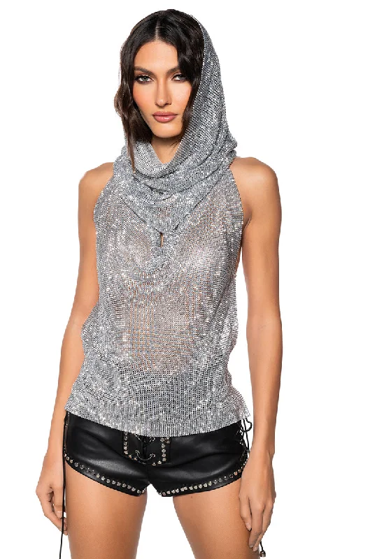 women's tops for those who want to stay cool and chic during warmer weatherGLISTENING RHINESTONE MESH TOP