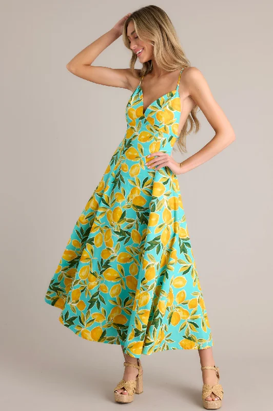 Cold-Shoulder DressSunshine Squeeze Aqua Lemon Print Midi Dress