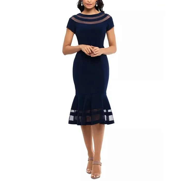 Designer DressXSCAPE Women's Illusion Trim Midi Dress Navy Size 4