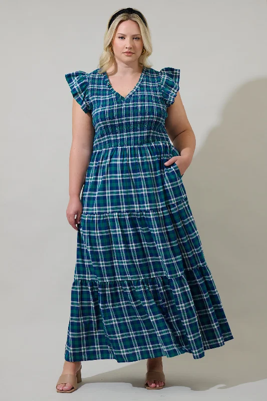 Backless DressBuckley Plaid Sunfire Smocked Bodice Tiered Midi Dress Curve