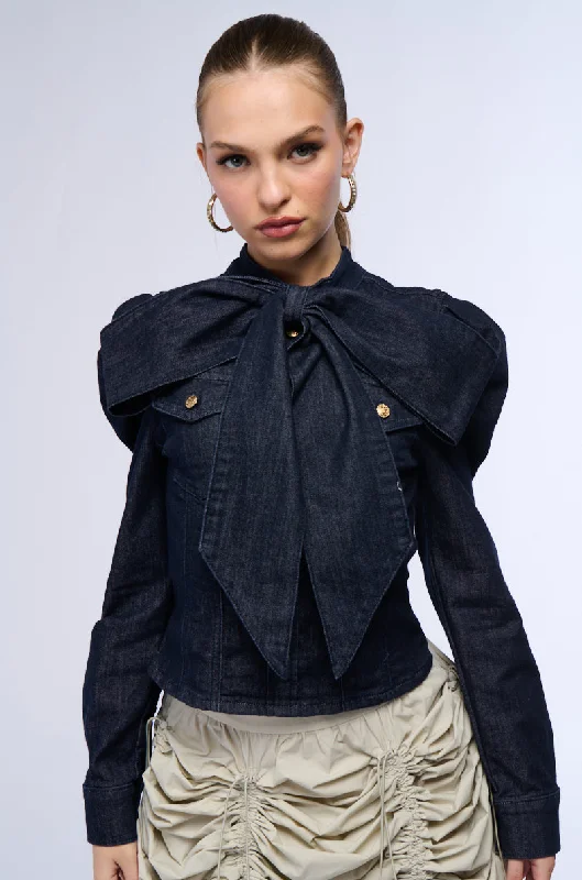 women's tops for relaxed weekendsWAIT FOR U DENIM BOW BLOUSE