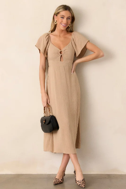 women's wrap dressesBoho Beauty Tan Puff Sleeve Midi Dress