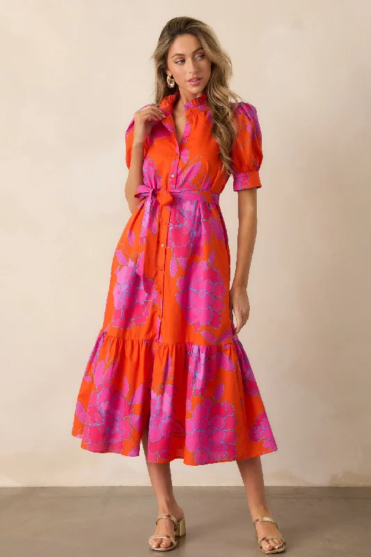 women's cinched-waist dressesFree To Fly 100% Cotton Orange Floral Button Front Midi Dress