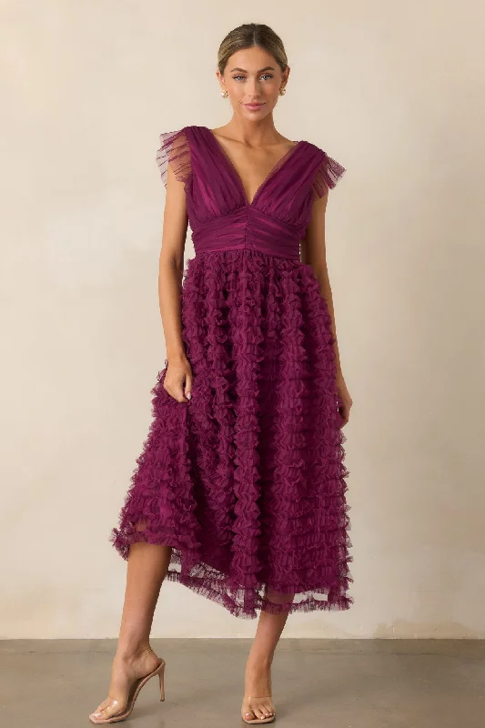 women's custom dressesFearless Hearts Plum Ruffle Midi Dress