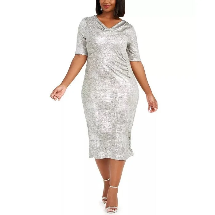 women's neon dressesConnected Women's Cowlneck Metallic Midi Dress Silver Size PS - Petite Small