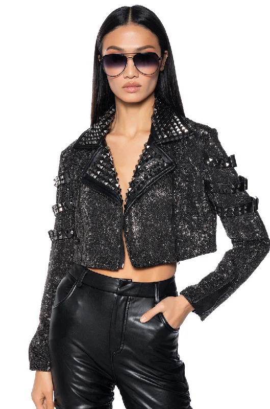 women's coats for pear-shaped bodiesNEFELI LUXE RHINESTONE STUD MOTO JACKET