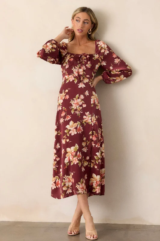 Beaded DressPerfect Meet Cute Burgundy Floral Long Sleeve Midi Dress