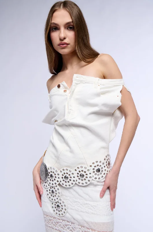 lace women's topsTHE WAY I WANT OFF SHOULDER DENIM TOP IN WHITE