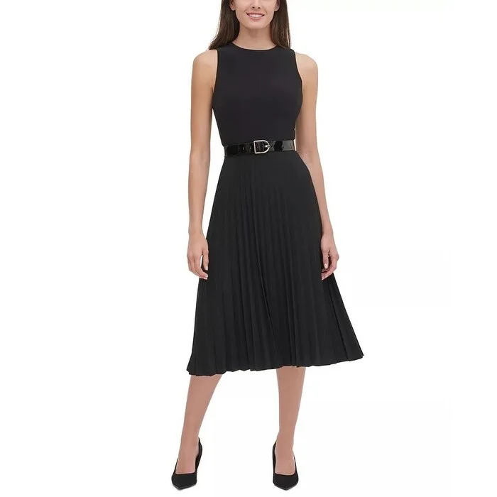 Retro DressTommy Hilfiger Women's Pleated Belted Midi Dress Black Size 4