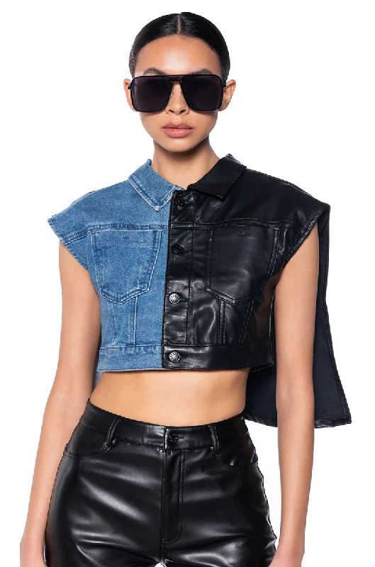 women's coats with liningLOW RIDER HALF PU CROP DENIM VEST WITH CAPE