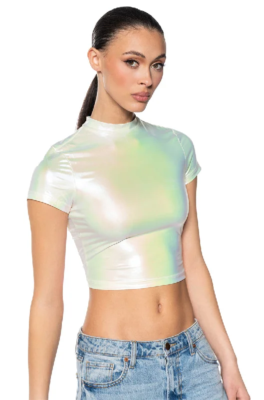 women's tops for summer festivalsFEEL A WAY METALLIC SHORT SLEEVE CROP TEE