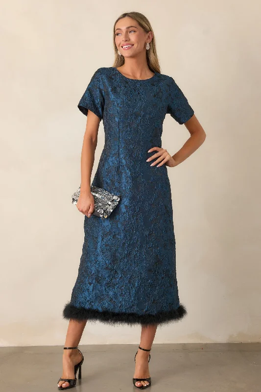 Velvet DressGlamour in Motion Dark Teal Jacquard Midi Dress