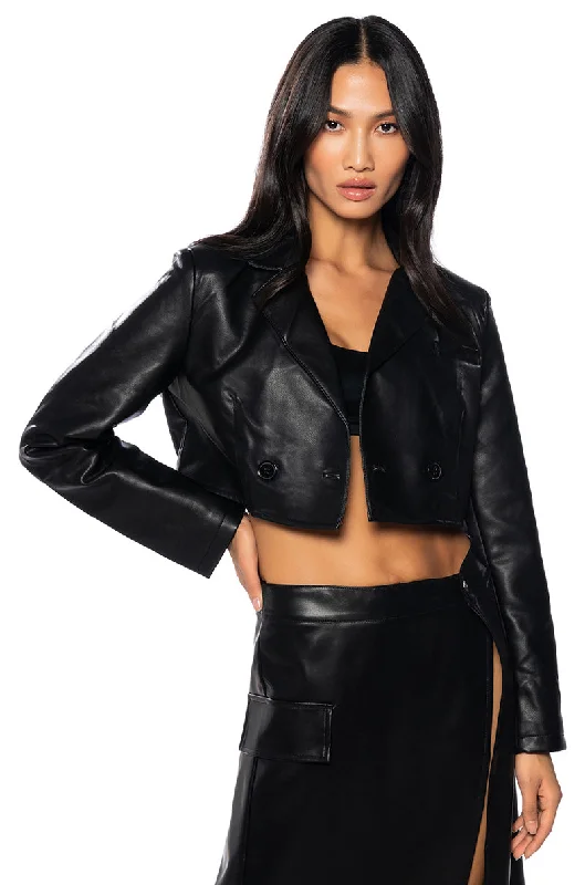 women's coats for cozy nights inTOP IT OFF CROP PLEATHER BLAZER