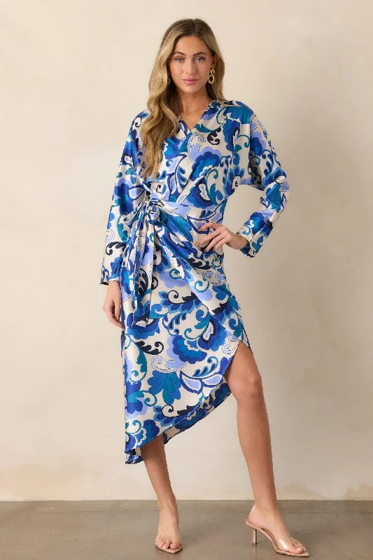 women's flutter-sleeved dressesThese Moments Blue Floral Wrap Midi Dress