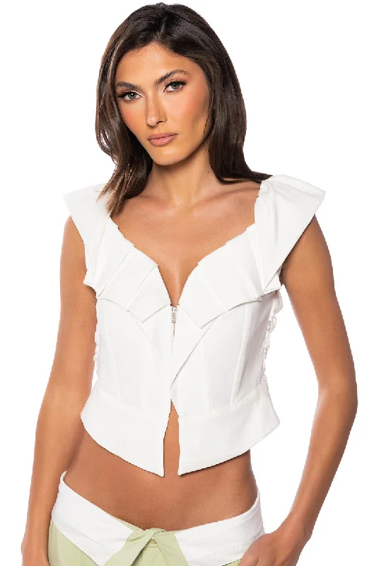 women's tops for those who appreciate subtle and muted tonesORCHID RUFFLE SLEEVE CORSET TOP IN WHITE