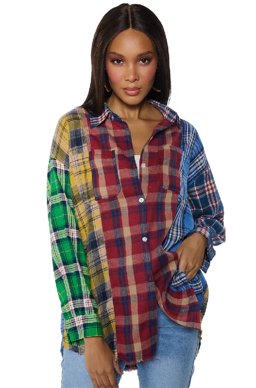 women's tops for evening soireesPIECE IT TOGETHER PLAID BUTTONDOWN