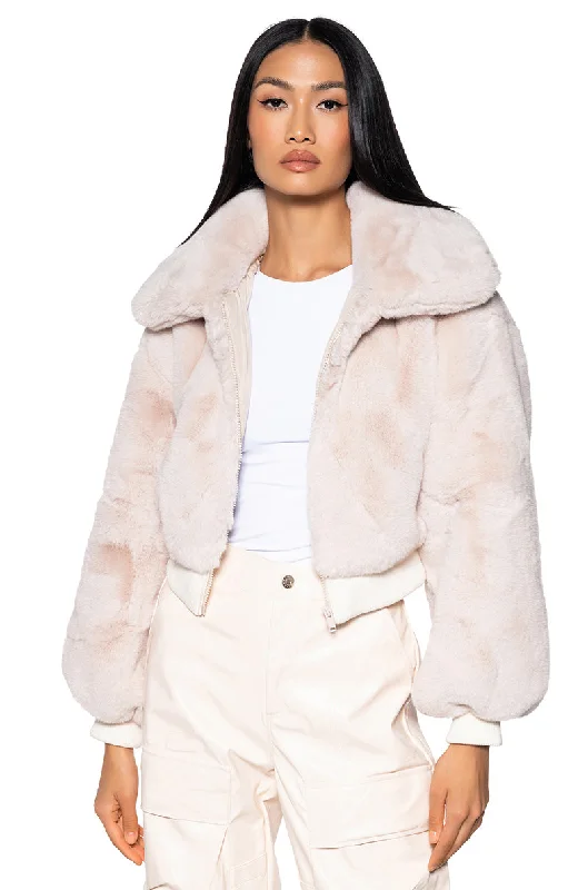 women's coats for those who appreciate timeless fashionDREW FAUX FUR BOMBER WITH RIB TRIM