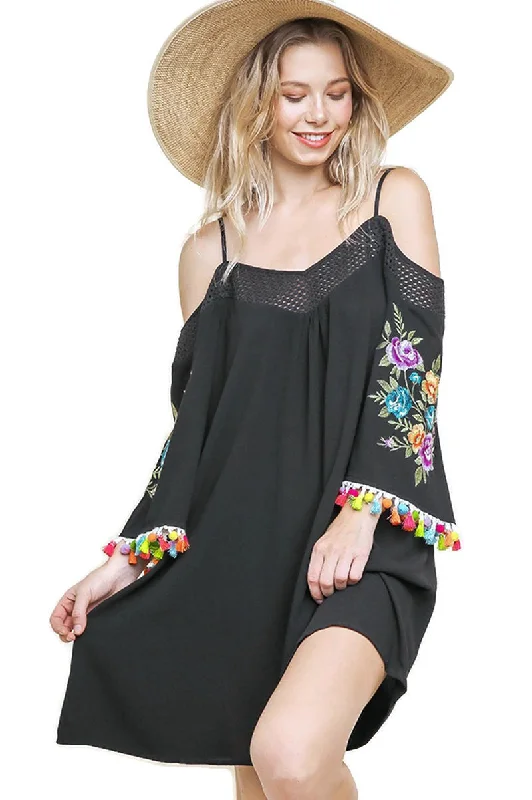 Skater DressFloral Embroided Pom & Tassel Mini Dress, Black