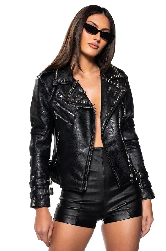 women's coats with satin liningsDISTURBIA EMBELLISHED MOTO JACKET