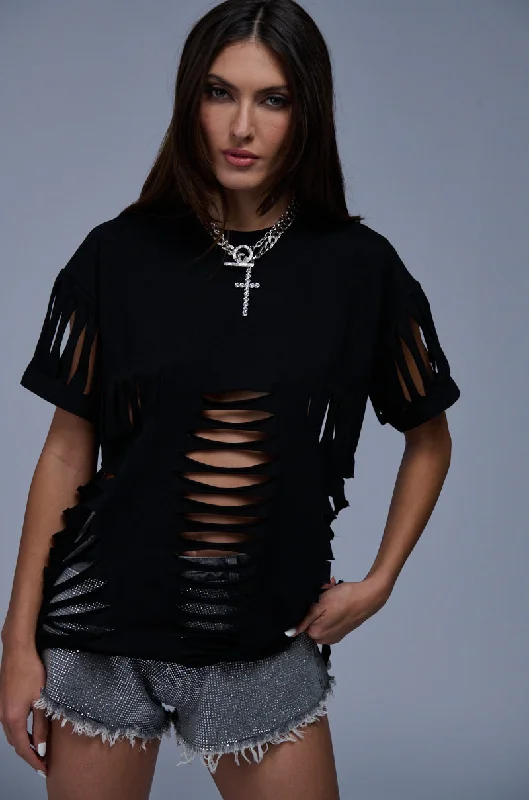 women's tops with beading accentsIN YOUR FACE CUTOUT TEE