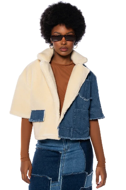 classic women's coatsAMIEE SHORT SLEEVE DENIM SHERPA JACKET