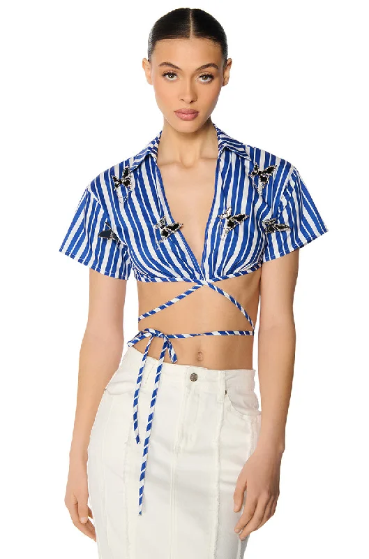 women's tops for those who want to elevate their everyday wear with chic and elegant piecesLENI STRIPED EMBELLISHED TIE FRONT BLOUSE