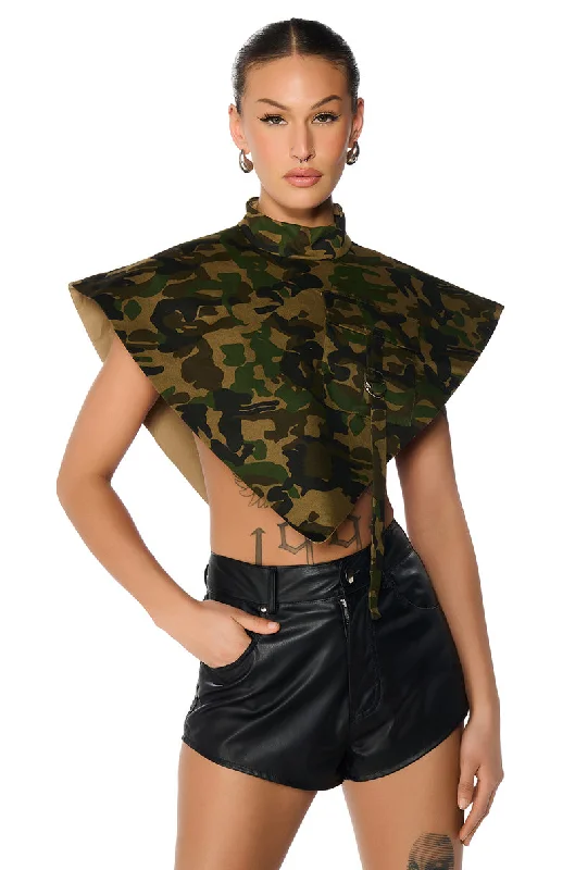 women's tops for minimalist aestheticsARIA CAMO PRINT MOCK NECK TRIANGLE BLOUSE