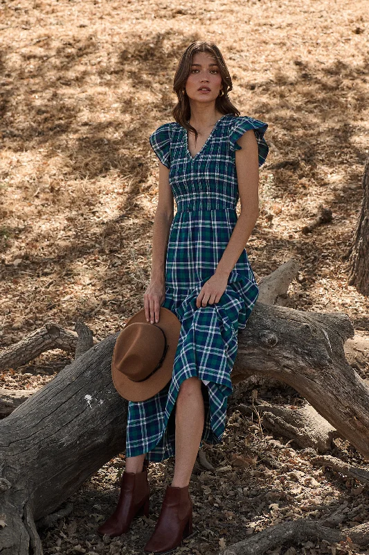 Peplum Hem DressBuckley Plaid Sunfire Smocked Bodice Tiered Midi Dress