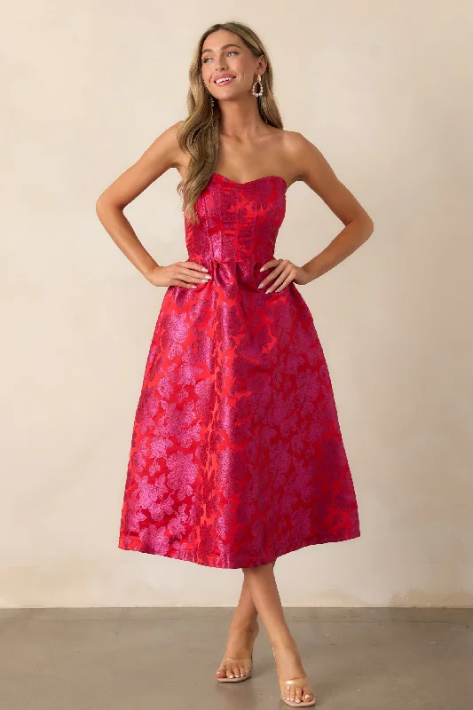 Animal Print DressMidnight Magic Red & Pink Jacquard Midi Dress