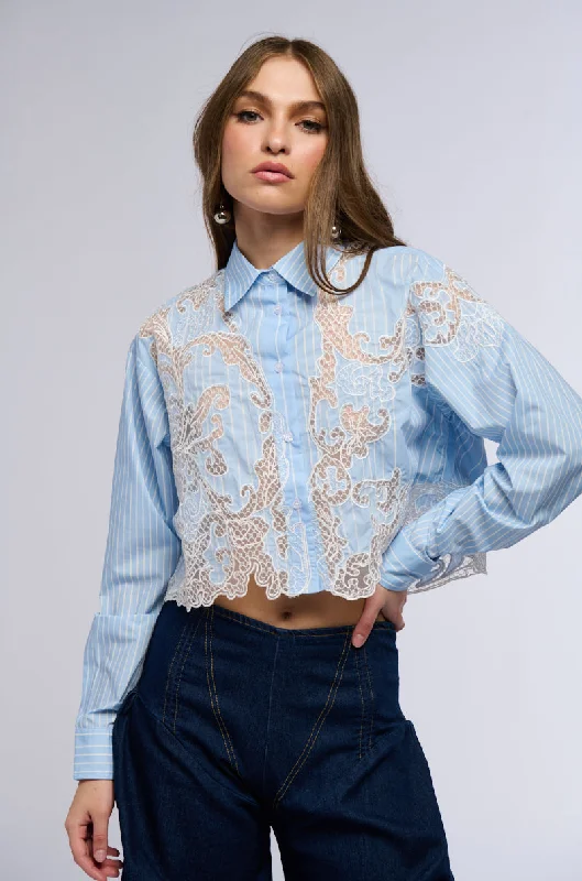 women's tops for those who want to make a fashion statementLOVE ME LIKE THAT BUTTON DOWN BLOUSE WITH LACE DETAILING