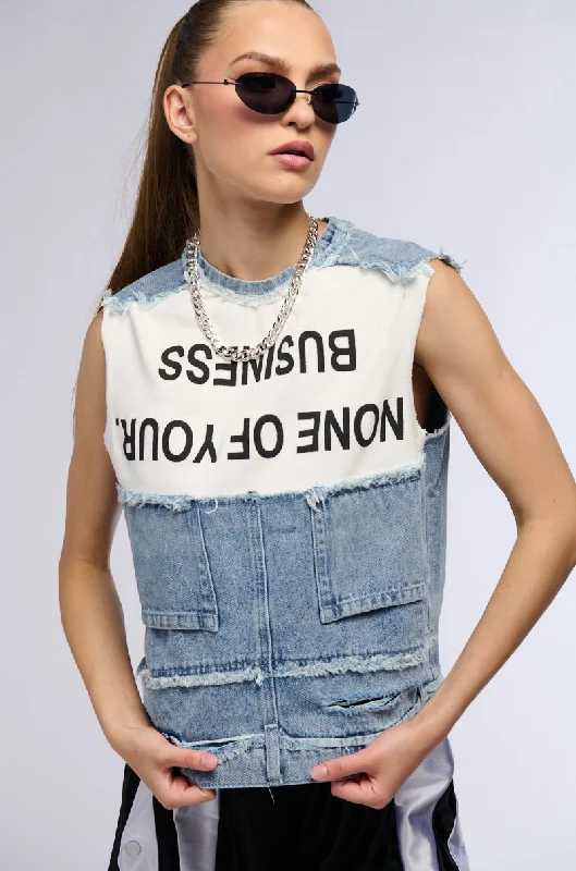 women's tops for those who want to add a personal touch to their wardrobe with unique and one-of-a-kind piecesNONE OF YOUR BUSINESS SLEEVELESS DISTRESSED DENIM TOP