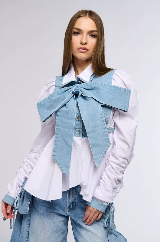 women's tops with sequin embellishmentsFAITH DENIM TIE POPLIN BLOUSE