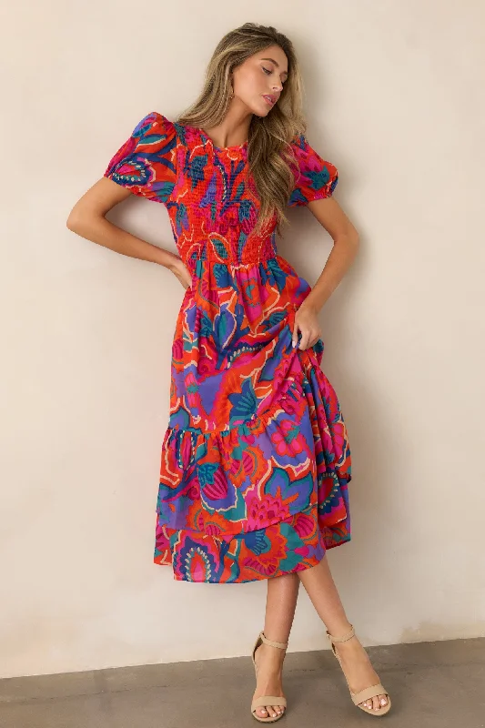 women's cold-shoulder dressesCatching Flights 100% Cotton Orange Multi Print Midi Dress