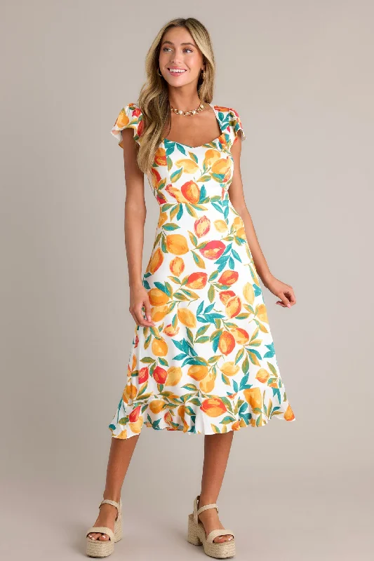 women's boho dressesSunshine & Bliss Ivory Multi Citrus Print Midi Dress