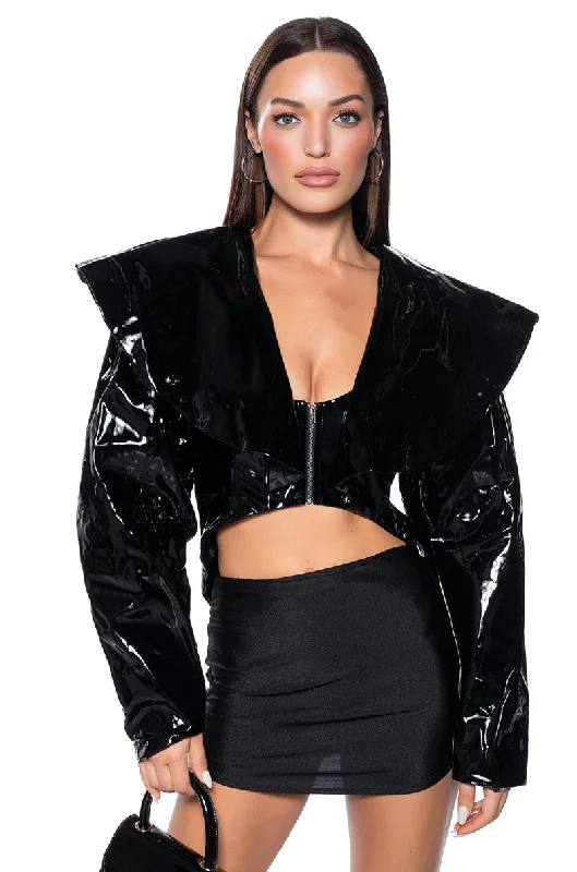 women's coats with removable fur liningsGLOSSY CROP PATENT MOTO JACKET