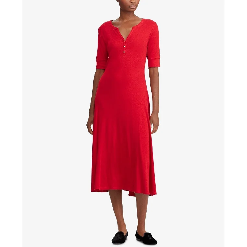 women's fashionable dressesLauren Ralph Lauren Women's Waffle-Knit Cotton Midi Dress Red Size Medium